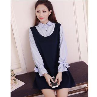 Set: Bow Accent Shirt + Sleeveless A-line Dress