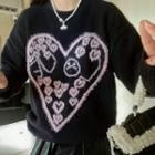 Heart Embroidery Sweater Pink Heart - Black - One Size