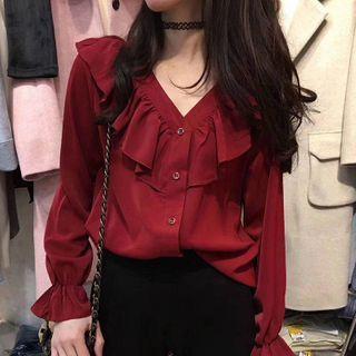 V-neck Ruffle Trim Blouse / Camisole Top