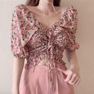 Puff-sleeve Crochet Drawstring Top