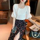 Puff-sleeve U-neck Plain Blouse