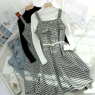 Set : Mock-neck Plain Top + Plaid Sleeveless Dress