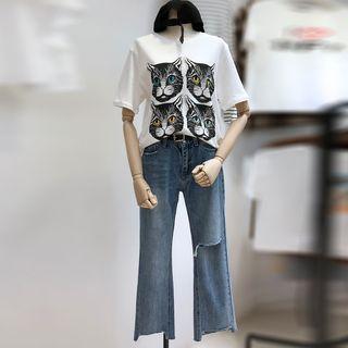 Set: Short-sleeve Cat Print T-shirt + Ripped Cropped Jeans