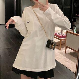 Long-sleeve Pocket Detail Side-slit T-shirt