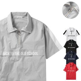 Zip-neck Contrast-trim Lettering T-shirt