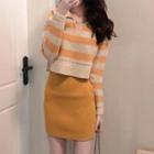 Collared Striped Sweater / Mini Pencil Skirt
