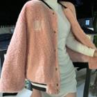 Lettering Embroidered Fleece Baseball Jacket / Long-sleeve Mini Bodycon Dress