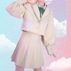 Bell-sleeve Tie-dye Shirt / Cropped Print Frill Trim Blazer / Mini A-line Skirt