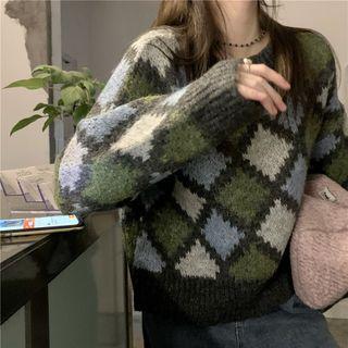Long Sleeve Argyle Sweater Green - One Size