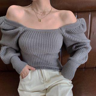Puff-sleeve Ribbed Sweater Gray - One Size
