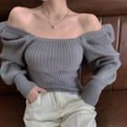 Puff-sleeve Ribbed Sweater Gray - One Size
