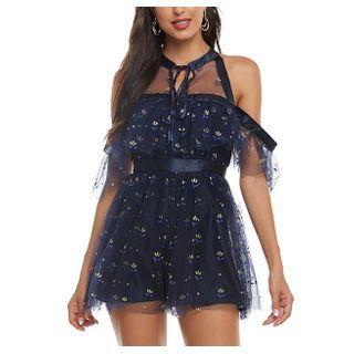 Floral Print Cold-shoulder Mesh Playsuit