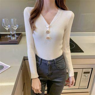Long-sleeve Half Button V-neck Knit Top