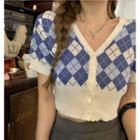 Short-sleeve Argyle Knit Top White & Blue - One Size