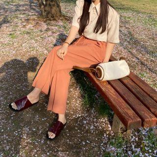 Short-sleeve Button-up Top / Wide-leg Pants