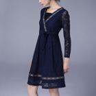 Embroidered Trim Long-sleeve A-line Lace Dress