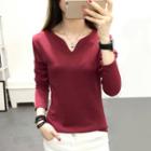 Long-sleeve Notch Neckline T-shirt