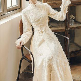 Long-sleeve Textured A-line Midi Dress