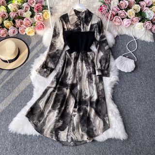 Tie-dyed Midi A-line Chiffon Shirtdress