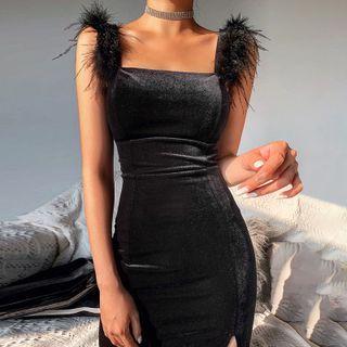 Sleeveless Fluffy Trim Slit Midi Sheath Dress