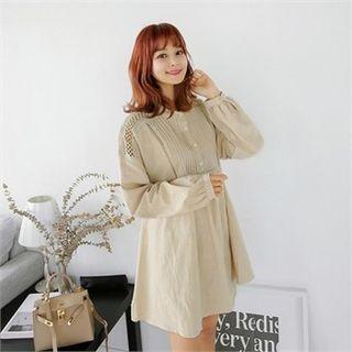 Mandarin-collar Perforated Linen Blend Mini Shirtdress