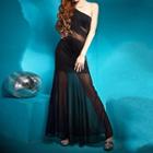 One-shoulder Mesh Panel Sheath Evening Gown
