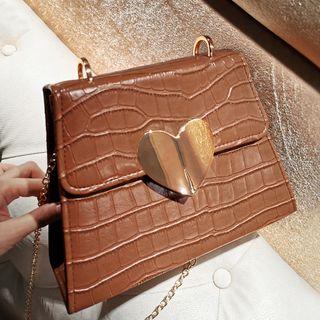Heart Croc Grain Chain Strap Crossbody Bag Coffee - One Size