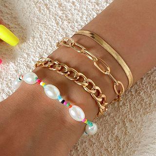 Set Of 4: Bracelet (various Designs) Set Of 4 Pcs - Pink & White & Gold - One Size