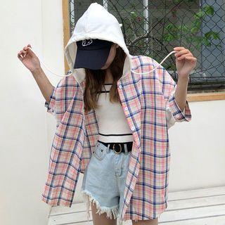 Hooded Plaid 3/4-sleeve Shirt