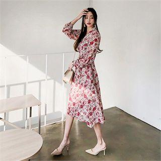Padded-shoulder Floral Long Shirtdress