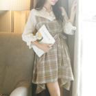 Lace-panel Glen-plaid A-line Dress