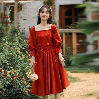 3/4-sleeve Square-neck Frill Trim Midi A-line Dress