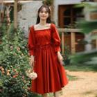 3/4-sleeve Square-neck Frill Trim Midi A-line Dress