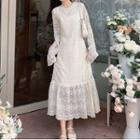 Lace Long-sleeve Midi A-line Dress Fleece Lining - Almond - One Size