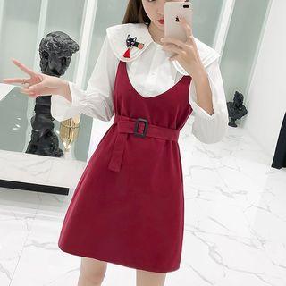 Set: Bell-sleeve Shirt + Mini Pinafore Dress