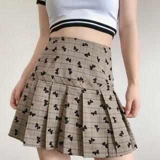 High-waist Plaid Bow Print Mini Pleated Skirt