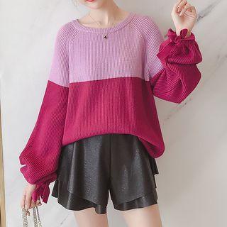 Balloon-sleeve Color Block Sweater