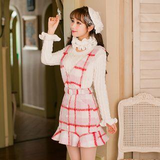 Check Ruffle Hem V-neck Pinafore Dress