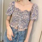Floral Puff-sleeve Square-neck Drawstring Cropped Blouse