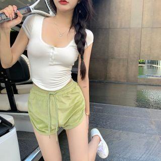 Round-neck Button-up Crop Top / High Waist Drawstring Velvet Shorts