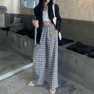 Plaid Wide-leg Pants Plaid - White & Gray - One Size