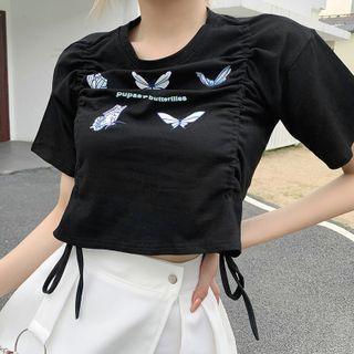 Short-sleeve Butterfly Drawstring T-shirt