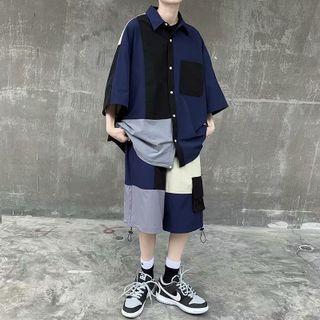 Set: 3/4-sleeve Paneled Shirt + Shorts