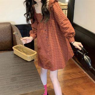 Long-sleeve Patterned A-line Dress Dress - One Size