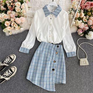 Set: Chiffon Long-sleeve Shirt+asymmetric High-waist Skirt