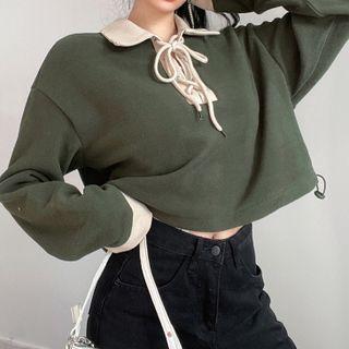 Long-sleeve Collared Lace Up Cropped T-shirt