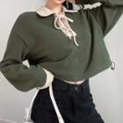 Long-sleeve Collared Lace Up Cropped T-shirt