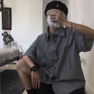 Short-sleeve Plaid Shirt Plaid - Black & White - One Size