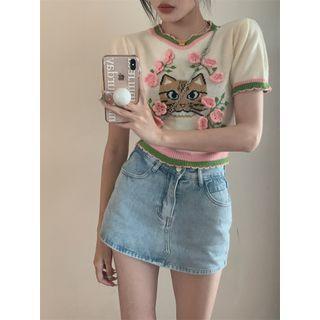 Short-sleeve Cat Jacquard Knit Top Cat - Beige - One Size