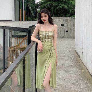Spaghetti Strap Plaid Panel Midi A-line Dress